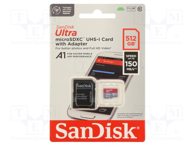 Memory card; Android; microSDXC; 512GB; R: 150MB/s; adapter