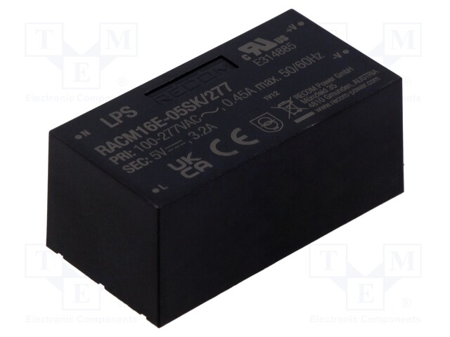 Converter: AC/DC; 16W; 85÷305VAC; Uout: 5VDC; Iout: 3.2A; 82%; 4.2kV