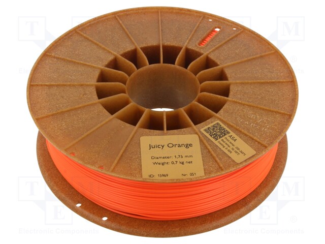 Filament: ASA; 1.75mm; orange; 220÷250°C; 1kg; Table temp: 90÷110°C