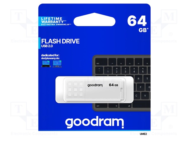 Pendrive; USB 2.0; 64GB; Read: 20MB/s; Write: 5MB/s; Colour: white