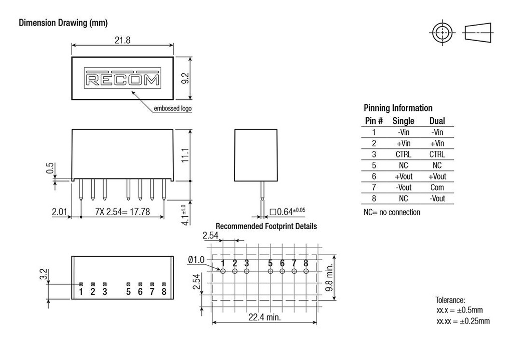 Converter: DC/DC; 3W; Uin: 4.5÷9V; Uout: 12VDC; Uout2: -12VDC; SIP8