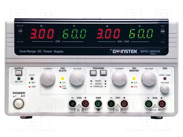 Power supply: laboratory; Channels: 3; 0÷30VDC; 0÷6A; 0÷60VDC; 0÷3A