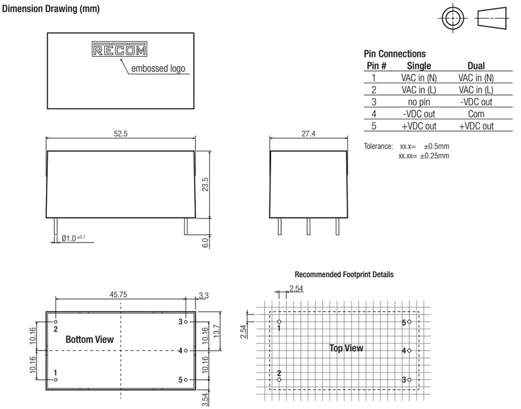 Converter: AC/DC; 10W; Uout: 15VDC; Iout: 670mA; 78%; Mounting: PCB
