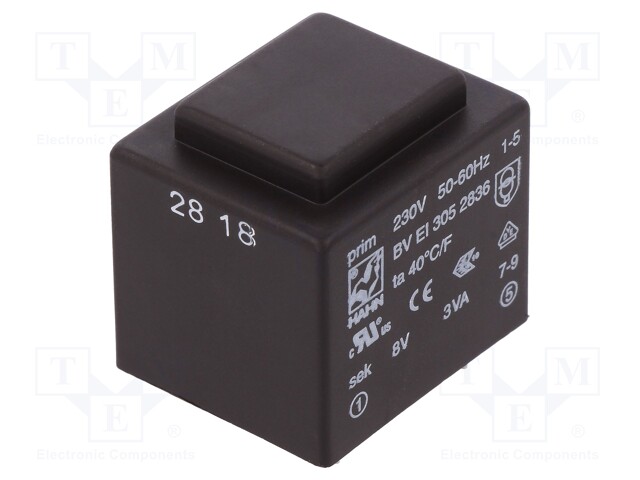 Transformer: encapsulated; 3VA; 230VAC; 8V; 375mA; Mounting: PCB