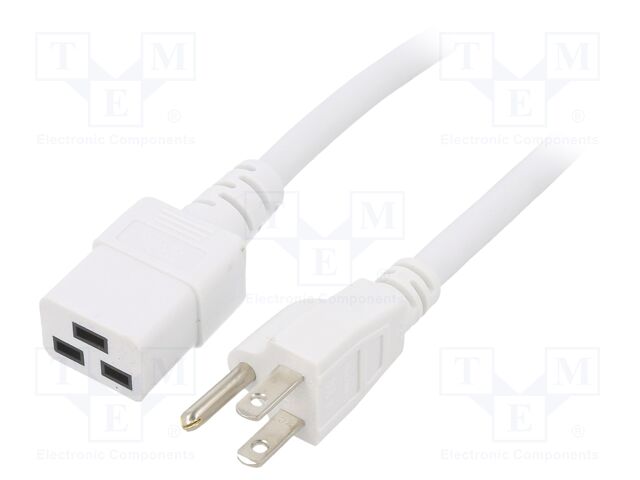 Cable; IEC C19 female,NEMA 5-15 (B) plug; PVC; 1.8m; white; 15A