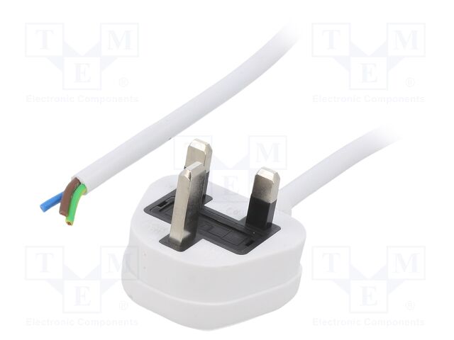 Cable; BS 1363 (G) plug,wires; PVC; 1m; white; 3x1mm2; 13A; 250V