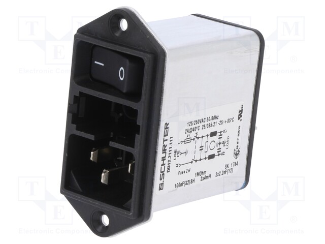 Connector: AC supply; socket; male; 2A; 250VAC; IEC 60320; 4mH; 1MΩ