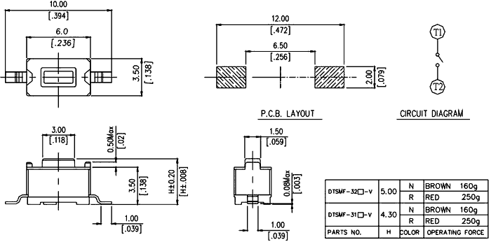 Microswitch TACT; SPST-NO; Pos: 2; 0.05A/12VDC; SMT; none; 1.6N