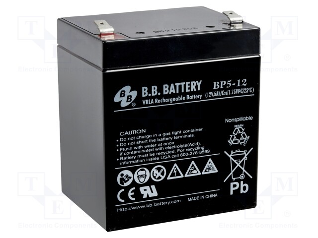 Re-battery: acid-lead; 12V; 5Ah; AGM; maintenance-free; 1.8kg
