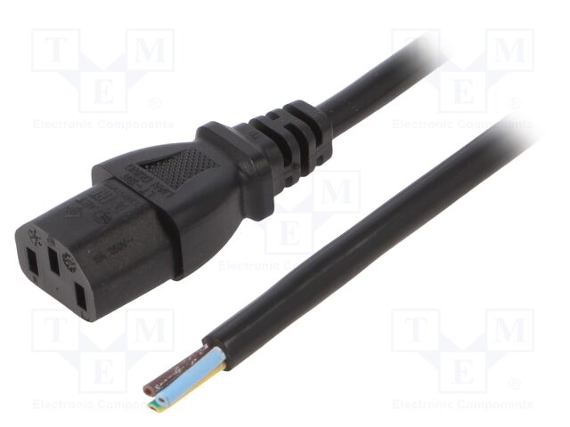 Cable; 3x1mm2; IEC C13 female,wires; PVC; 3m; black; 10A; 250V