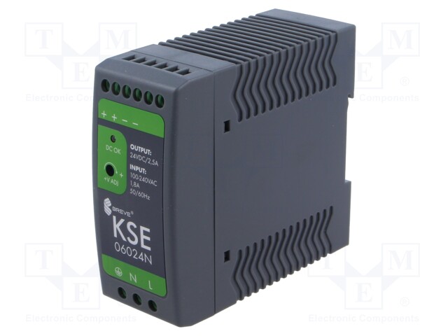 Power supply: switched-mode; for DIN rail; 60W; 24VDC; 2.5A; IP20