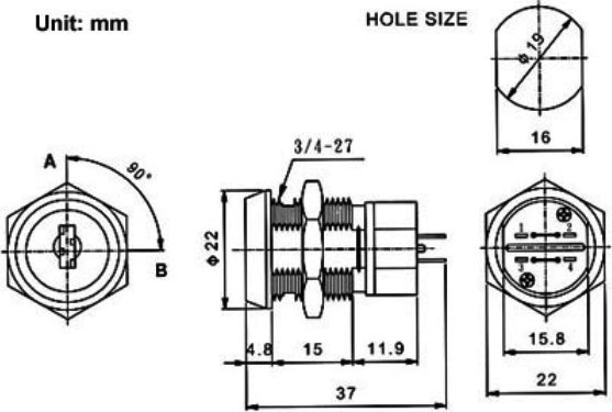 Switch: key switch; Stabl.pos: 2; Switch.method: OFF-ON; Key: flat