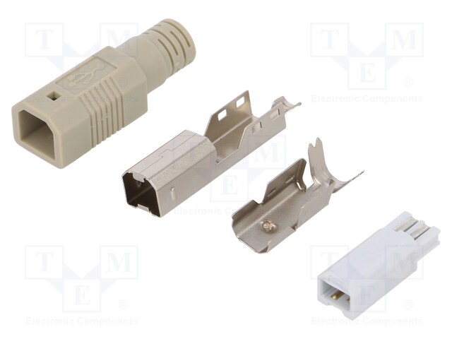 Plug; USB B; male; for cable; soldering; PIN: 4; straight; grey
