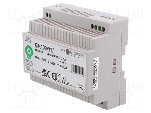 Power supply: switched-mode; 100W; 15VDC; for DIN rail mounting