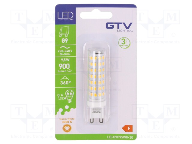 LED lamp; warm white; G9; 230VAC; 900lm; 9.5W; 360°; 3000K