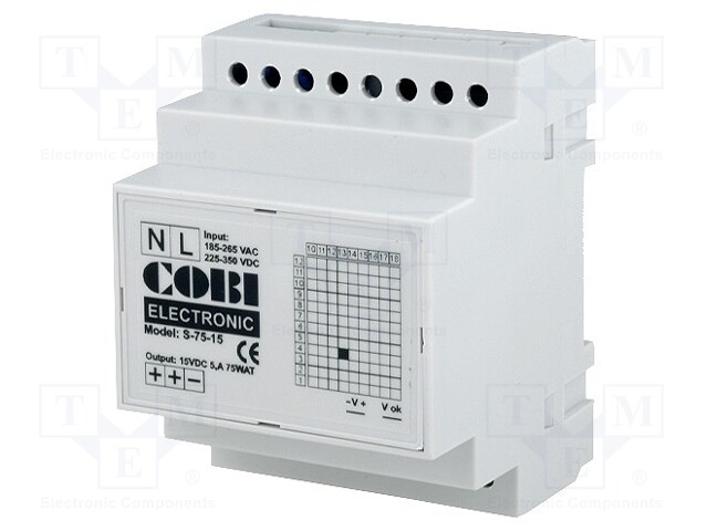 Power supply: switched-mode; 75W; 15VDC; 5A; 85÷265VAC; 90÷350VDC