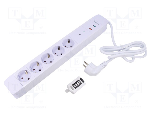 Plug socket strip: supply; Sockets: 5; 230VAC; 16A; white; 1.5m