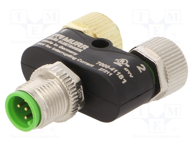 T adapter; M12 male,M12 female x2; IP67; 4A; 60VDC; 60VAC