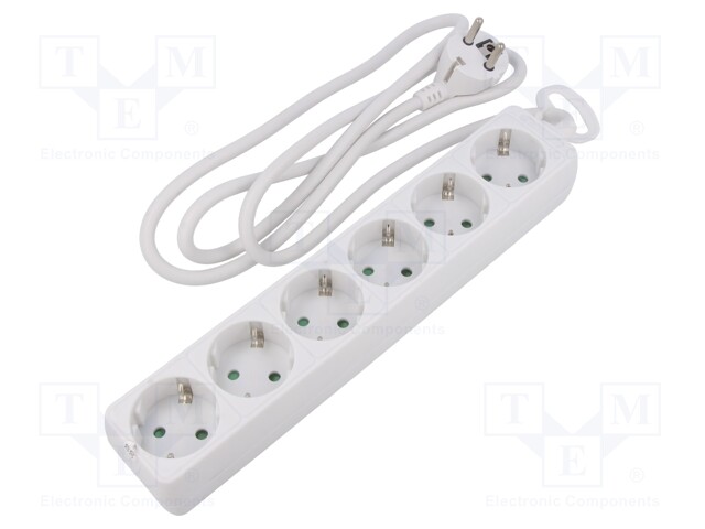 Plug socket strip: supply; Sockets: 6; 250VAC; 16A; white; 1.5m
