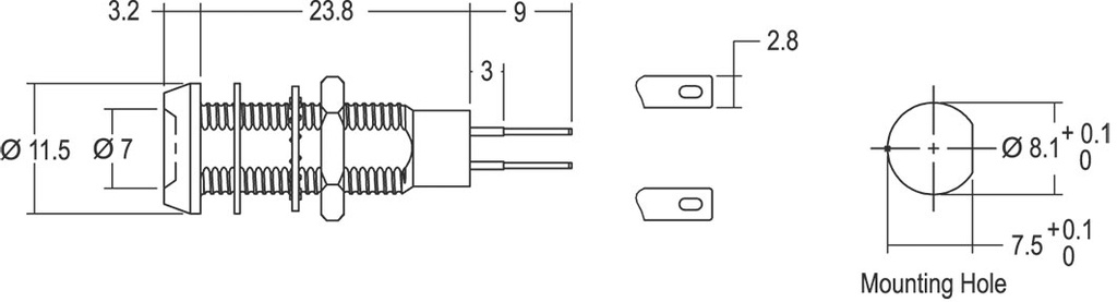 Indicator: LED; flat; 24÷28VDC; Cutout: Ø8.1mm; IP67; ØLED: 7mm