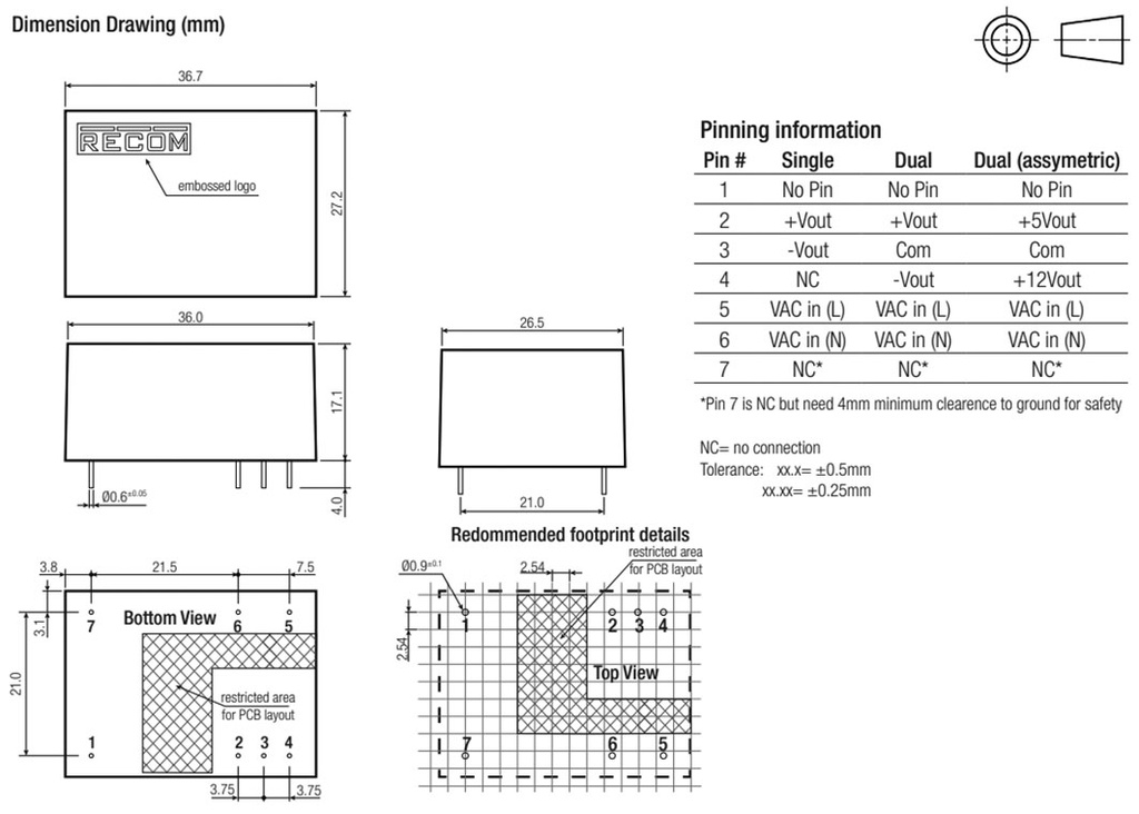 Converter: AC/DC; 4W; Uout: 12VDC; Iout: 333mA; 78%; Mounting: PCB