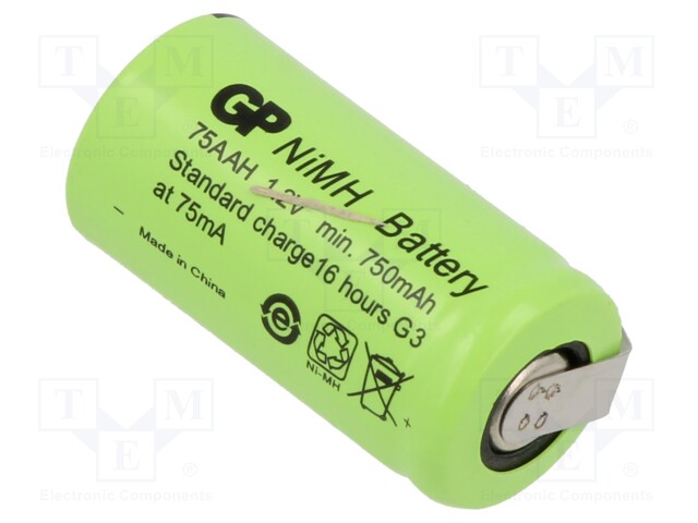 Re-battery: Ni-MH; 2/3AA,2/3R6; 1.2V; 750mAh; soldering lugs