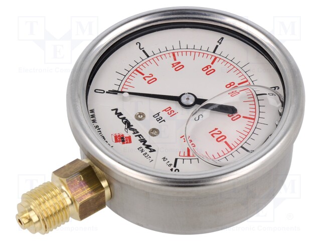 Glycerin manometer; 0÷10bar; 63mm; Enclos.mat: stainless steel