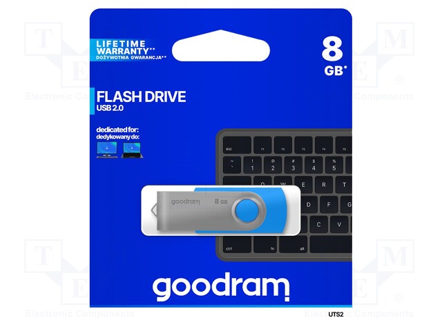 Pendrive; USB 2.0; 8GB; Read: 20MB/s; Write: 5MB/s; Colour: blue