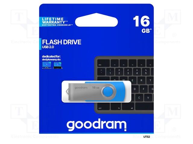 Pendrive; USB 2.0; 16GB; Read: 20MB/s; Write: 5MB/s; Colour: blue