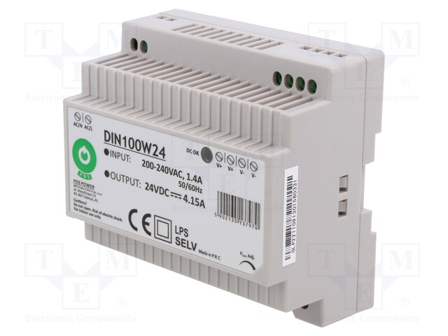 Power supply: switched-mode; 100W; 24VDC; for DIN rail mounting