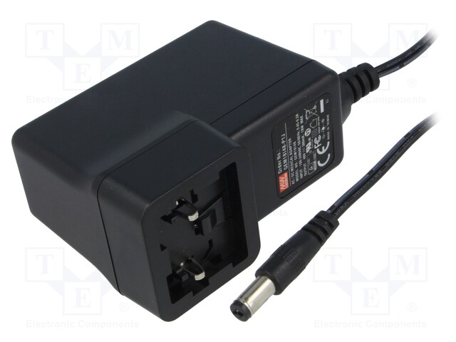 Power supply: switched-mode; 48VDC; 0.38A; Out: 5,5/2,1; 18W; 87%
