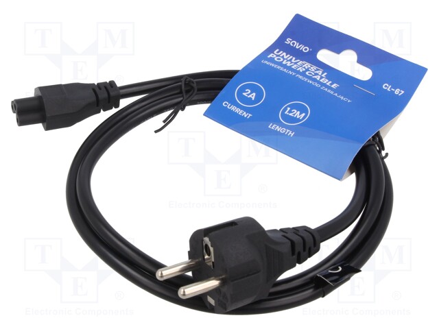 Cable; CEE 7/7 (E/F) plug,IEC C5 female; PVC; 1.2m; black; 2.5A