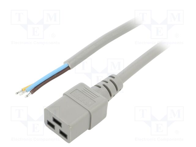 Cable; 3x1.5mm2; IEC C19 female,wires; PVC; Len: 3m; grey