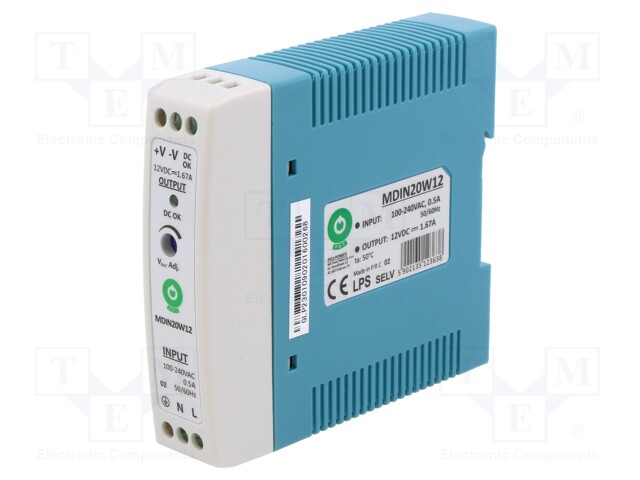 Power supply: switched-mode; 20W; 12VDC; for DIN rail mounting