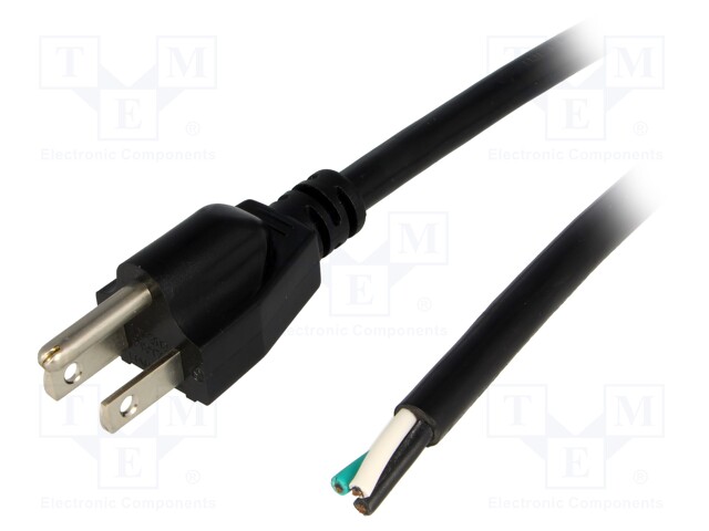 Cable; 3x16AWG; NEMA 5-15 (B) plug,wires; PVC; 5m; black; 13A; 125V