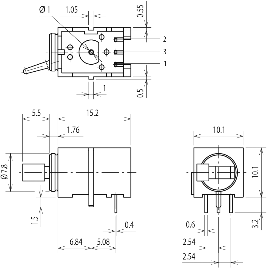 Switch: toggle; Pos: 2; DPDT; ON-(ON); 0.5A/60VAC; 0.5A/60VDC