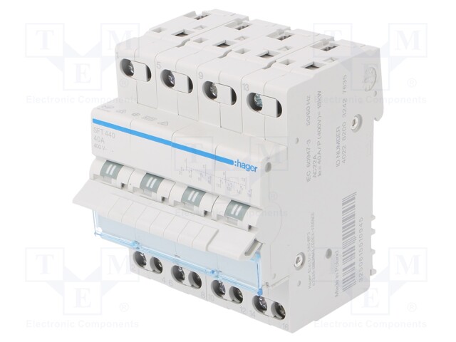 Module: toggle switch; Poles: 4; 230VAC; 40A; IP20; DIN; Stabl.pos: 3