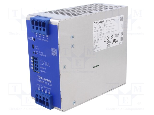 Power supply: switched-mode; for DIN rail; 480W; 24VDC; 20A; DRB