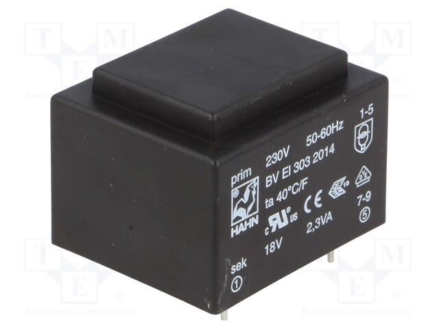 Transformer: encapsulated; 2.3VA; 230VAC; 18V; 127mA; Mounting: PCB