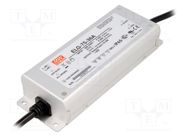 Power supply: switched-mode; LED; 75.6W; 36VDC; 32.4÷39.6VDC; IP65