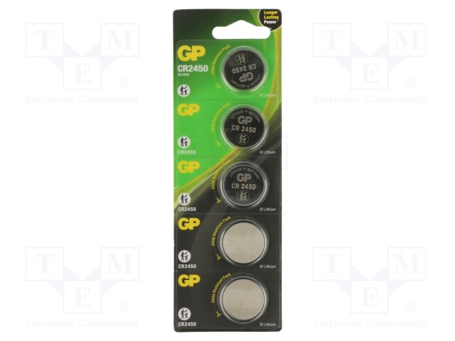 Battery: lithium; 3V; CR2450,coin; 610mAh; non-rechargeable; 5pcs.