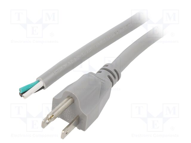 Cable; NEMA 5-15 (B) plug,wires; PVC; 2m; grey; 3x16AWG; 13A; 125V