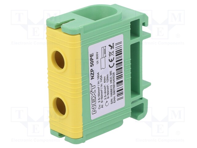 Splice terminal: rail; 50mm2; ways: 1; terminals: 2; yellow-green