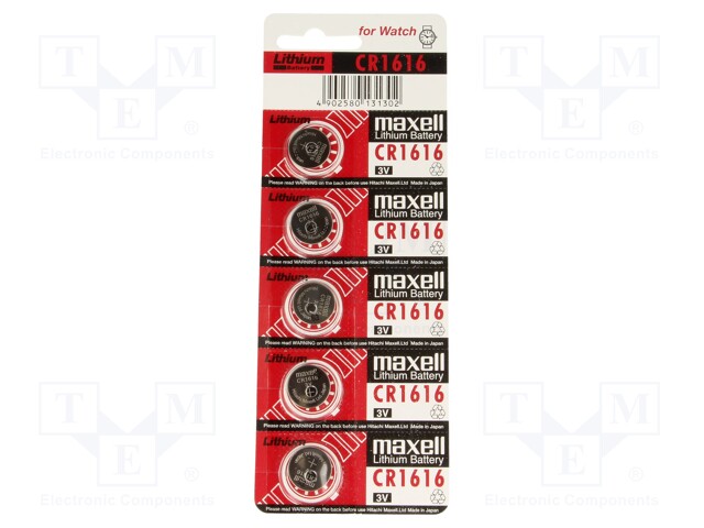 Battery: lithium; 3V; CR1616,coin; Batt.no: 5; Ø16x1.6mm