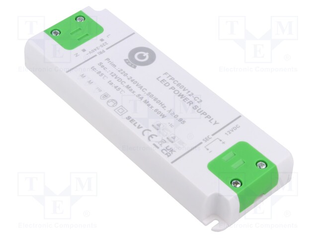 Power supply: switched-mode; LED; 60W; 12VDC; 5A; 198÷264VAC; OUT: 1