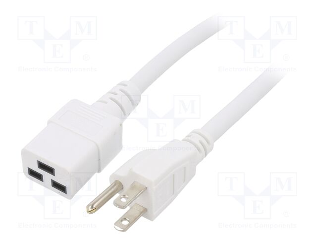 Cable; IEC C19 female,NEMA 5-15 (B) plug; PVC; 3m; white; 3x14AWG