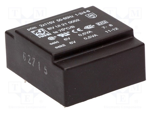 Transformer: encapsulated; 1VA; 115/115VAC; 6V; 6V; 82mA; 82mA; 50g