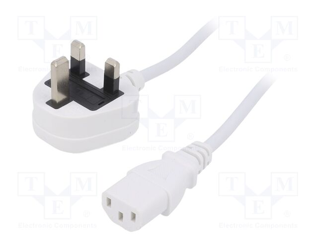 Cable; BS 1363 (G) plug,IEC C13 female; 1.8m; white; PVC; 3A; 250V
