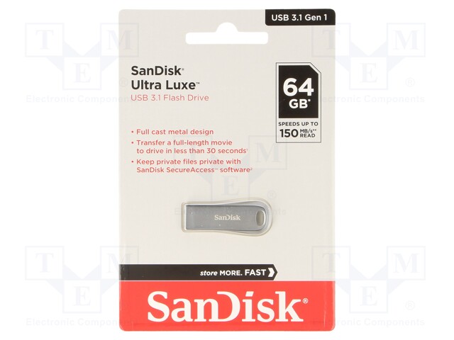 Pendrive; USB 3.1; 64GB; 150MB/s; USB A; ULTRA LUXE; Colour: silver