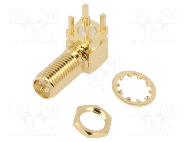 Socket; RP-SMA; male,reverse; with long thread; angled 90°; 50Ω